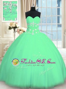 Floor Length Lace Up Sweet 16 Dresses Turquoise and In for Military Ball and Sweet 16 and Quinceanera with Appliques