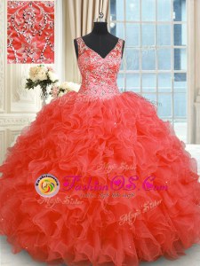 Customized Floor Length Coral Red Ball Gown Prom Dress Organza Sleeveless Beading and Ruffles