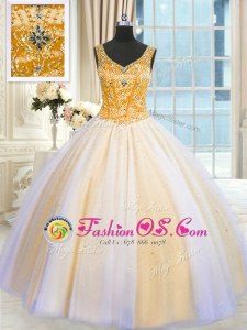 Adorable Multi-color Ball Gowns Beading and Sequins Quince Ball Gowns Lace Up Tulle Sleeveless Floor Length