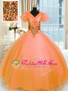 Enchanting Orange V-neck Neckline Appliques Ball Gown Prom Dress Short Sleeves Lace Up