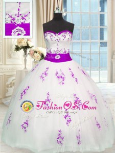 Colorful White Ball Gowns Organza Sweetheart Sleeveless Appliques and Belt Floor Length Lace Up 15th Birthday Dress