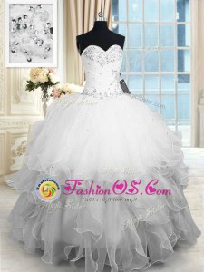 White Ball Gowns Sweetheart Sleeveless Organza Floor Length Lace Up Beading and Ruffles Sweet 16 Dresses