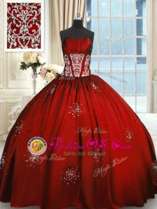 Enchanting Wine Red Taffeta Lace Up Strapless Sleeveless Floor Length Ball Gown Prom Dress Beading and Appliques and Ruching