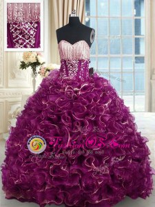 Fuchsia Organza Lace Up Sweet 16 Dresses Sleeveless With Brush Train Beading and Ruffles