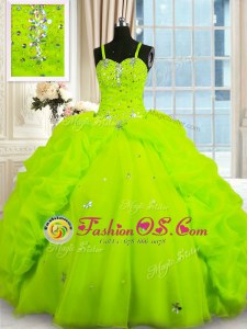Elegant Floor Length Lace Up Sweet 16 Dress Yellow Green and In for Military Ball and Sweet 16 and Quinceanera with Beading and Pick Ups