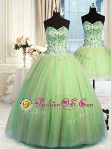 Fine Three Piece Ball Gowns Quinceanera Gown Yellow Green Sweetheart Tulle Sleeveless Floor Length Lace Up