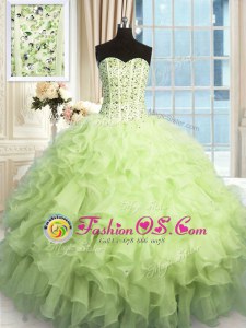 Dramatic Yellow Green Sleeveless Floor Length Beading and Ruffles and Sequins Lace Up 15th Birthday Dress