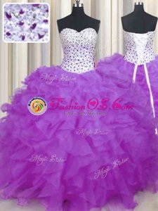 Lilac Sleeveless Organza Lace Up Quinceanera Gown for Military Ball and Sweet 16 and Quinceanera