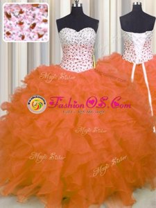 Delicate Orange Red Ball Gowns Sweetheart Sleeveless Organza Floor Length Lace Up Beading and Ruffles Sweet 16 Quinceanera Dress