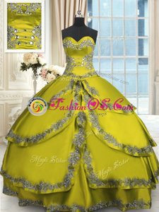 Sweetheart Sleeveless Sweet 16 Quinceanera Dress Floor Length Beading and Appliques and Ruffled Layers Olive Green Taffeta