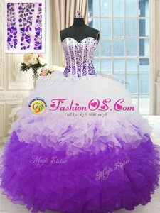 New Arrival Floor Length Lace Up Sweet 16 Dresses White And Purple and In for Military Ball and Sweet 16 and Quinceanera with Beading and Ruffles