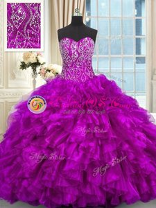 Classical Purple Sweetheart Neckline Beading and Ruffles 15th Birthday Dress Sleeveless Lace Up