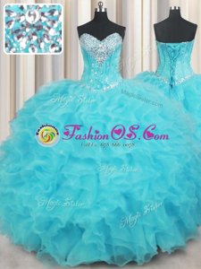 Unique Sweetheart Sleeveless Organza Quinceanera Gown Beading and Ruffles Lace Up