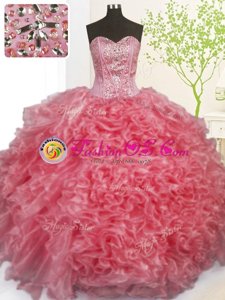 Sleeveless Organza Floor Length Lace Up Quinceanera Dresses in Rose Pink for with Beading and Ruffles and Pick Ups