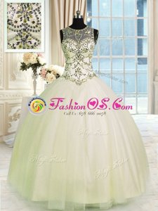 Scoop Sleeveless Tulle Floor Length Lace Up Ball Gown Prom Dress in Champagne for with Beading
