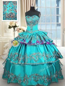 Most Popular Sweetheart Sleeveless Quinceanera Gown Floor Length Embroidery and Ruffled Layers Aqua Blue Taffeta