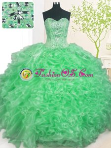 Chic Apple Green Organza Lace Up Sweet 16 Dresses Sleeveless Floor Length Beading and Ruffles and Pick Ups