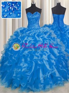 Fitting Blue Sweetheart Neckline Beading and Ruffles Ball Gown Prom Dress Sleeveless Lace Up