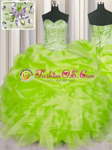 Yellow Green Organza Lace Up Sweet 16 Dresses Sleeveless Floor Length Beading and Ruffles and Pick Ups