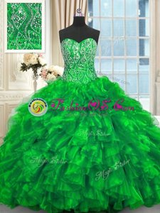 Most Popular Sweetheart Sleeveless Sweet 16 Dresses Brush Train Beading and Ruffles Green Organza