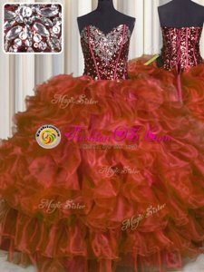 Red Organza Lace Up Sweet 16 Dress Sleeveless Floor Length Beading and Ruffles