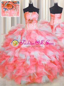New Arrival Strapless Sleeveless Lace Up Quinceanera Gown Pink And White Organza