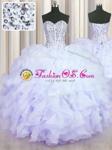 Lavender Ball Gowns Spaghetti Straps Sleeveless Organza Floor Length Lace Up Beading and Sequins and Ruching Quince Ball Gowns