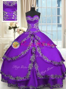 Floor Length Purple 15th Birthday Dress Taffeta Sleeveless Beading and Appliques and Ruffled Layers