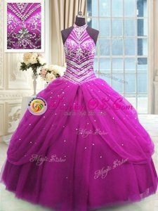 Vintage Sleeveless Floor Length Beading Lace Up Quinceanera Gowns with Fuchsia