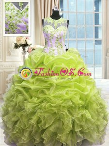 Perfect Scoop Floor Length Yellow Green Quince Ball Gowns Organza Sleeveless Beading and Ruffles