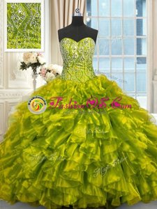 Olive Green Ball Gowns Beading and Ruffles Sweet 16 Dresses Lace Up Organza Sleeveless