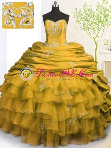 Pick Ups Ruffled With Train Ball Gowns Sleeveless Gold Vestidos de Quinceanera Brush Train Lace Up