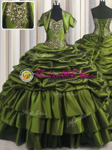With Train Lace Up Quinceanera Gown Olive Green and In for Military Ball and Sweet 16 and Quinceanera with Ruffled Layers Brush Train