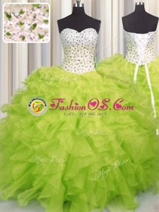 Decent Yellow Green Ball Gowns Beading and Ruffles Quinceanera Dress Lace Up Organza Sleeveless Floor Length
