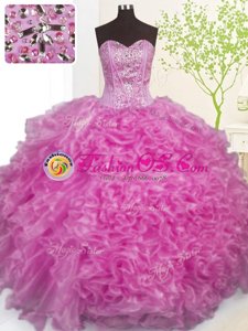 Organza Sweetheart Sleeveless Lace Up Beading and Ruffles and Pick Ups Quinceanera Gown in Lilac