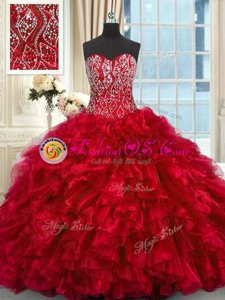 Wonderful Ball Gowns Sleeveless Red Sweet 16 Quinceanera Dress Brush Train Lace Up