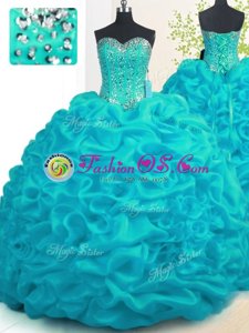 Perfect Organza Sweetheart Sleeveless Brush Train Lace Up Beading and Ruffles Quinceanera Dresses in Aqua Blue