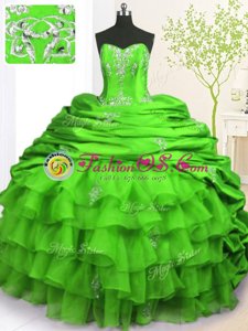 Glittering Organza and Taffeta Sleeveless With Train Sweet 16 Quinceanera Dress Brush Train and Beading and Appliques and Ruffled Layers and Pick Ups