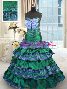 Great Dark Green Sleeveless Appliques and Embroidery and Ruffled Layers and Bowknot Lace Up Sweet 16 Dresses
