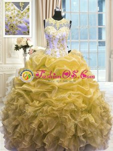 Stylish Gold Zipper Scoop Beading and Ruffles Quince Ball Gowns Organza Sleeveless