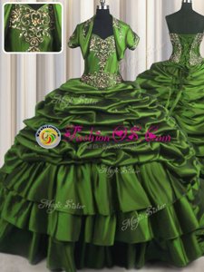 Green Sleeveless With Train Beading and Appliques and Pick Ups Lace Up Sweet 16 Dresses