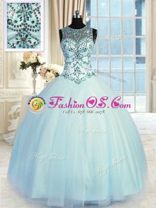 Scoop Light Blue Ball Gowns Beading Ball Gown Prom Dress Lace Up Tulle Sleeveless Floor Length