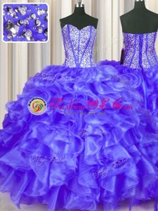 Excellent Purple Lace Up Sweetheart Beading and Ruffles Sweet 16 Dress Organza Sleeveless