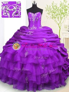 Decent Organza and Taffeta Strapless Sleeveless Brush Train Lace Up Beading and Appliques and Ruffled Layers and Pick Ups 15 Quinceanera Dress in Purple
