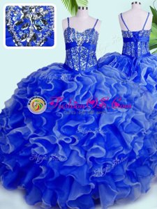 Graceful Blue Ball Gowns Spaghetti Straps Sleeveless Organza Floor Length Lace Up Beading and Ruffles Quinceanera Dresses