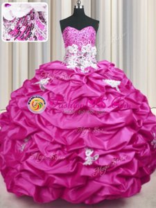 Nice Sleeveless Taffeta With Train Sweep Train Lace Up Quinceanera Dress in Fuchsia for with Appliques and Sequins and Pick Ups