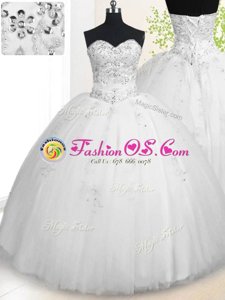 Extravagant Sleeveless Floor Length Beading and Appliques Lace Up Quinceanera Gowns with White