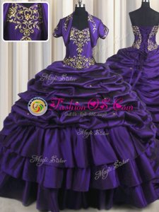 Low Price Purple Ball Gowns Taffeta Sweetheart Sleeveless Beading and Appliques and Pick Ups With Train Lace Up Vestidos de Quinceanera Brush Train