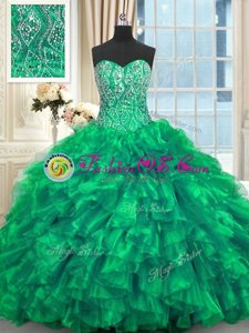 Turquoise Sleeveless Organza Brush Train Lace Up 15 Quinceanera Dress for Military Ball and Sweet 16 and Quinceanera