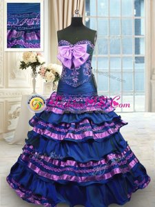 Best Selling Navy Blue Taffeta Lace Up 15 Quinceanera Dress Sleeveless Brush Train Appliques and Ruffled Layers and Bowknot